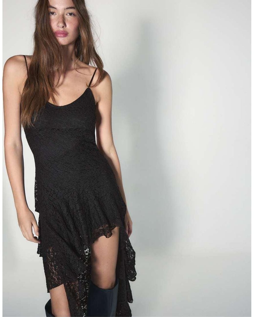 Stradivarius Black Asymmetric Lace Midi Dress