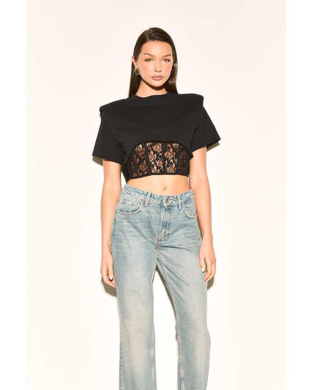 Noughts & Kisses Black Cotton Rich Padded Shoulder Lace Corset Waist Detail Top
