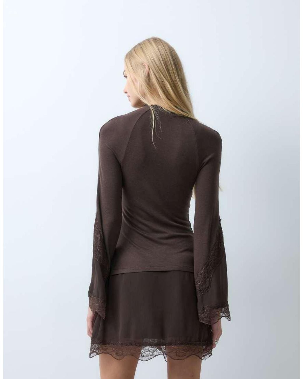 laagam Brown Boho Lace Trim Mini Dress With Fluted Sleeves