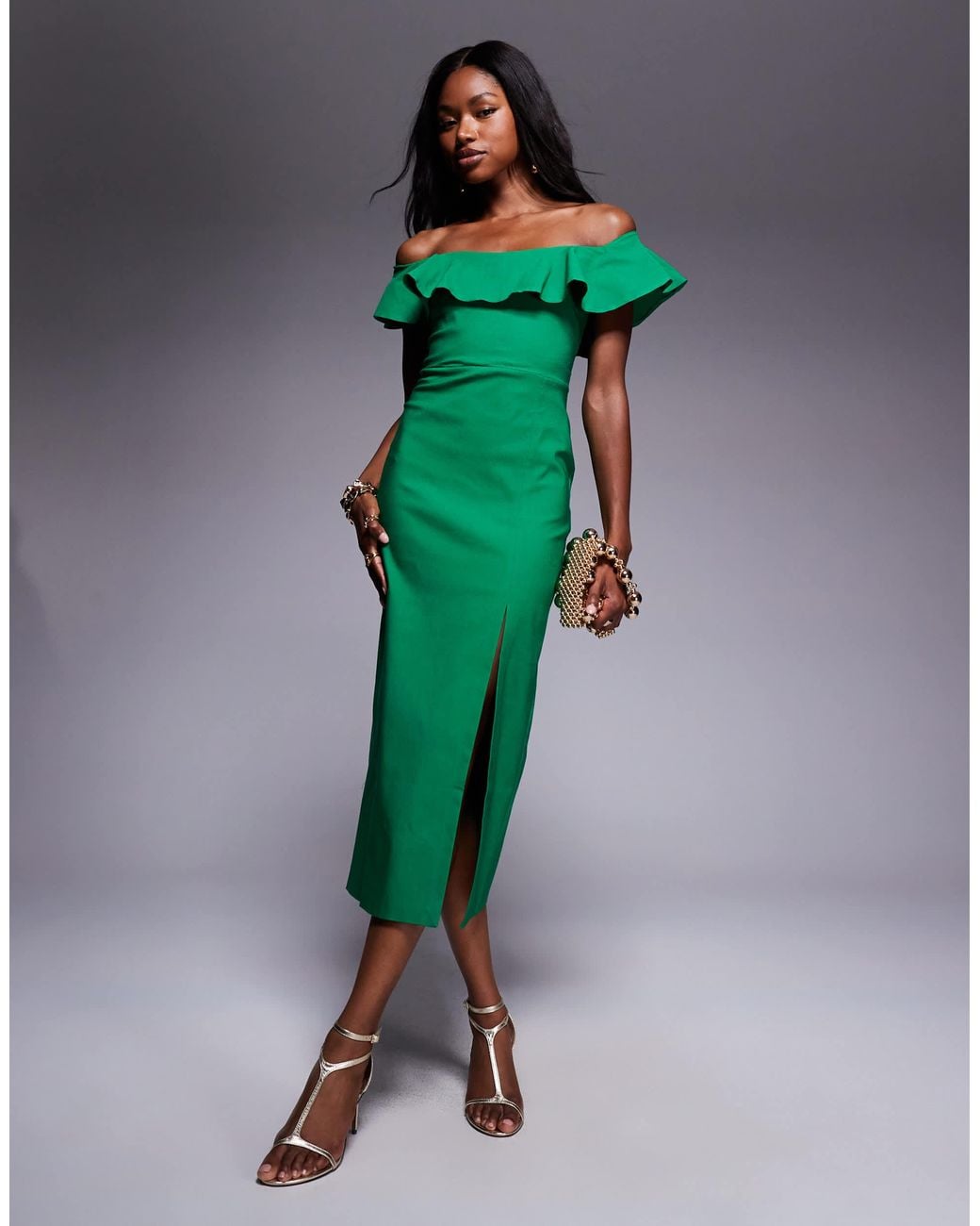 Vesper Bengaline Frill Bardot Side Split Midi Dress in Green | Lyst