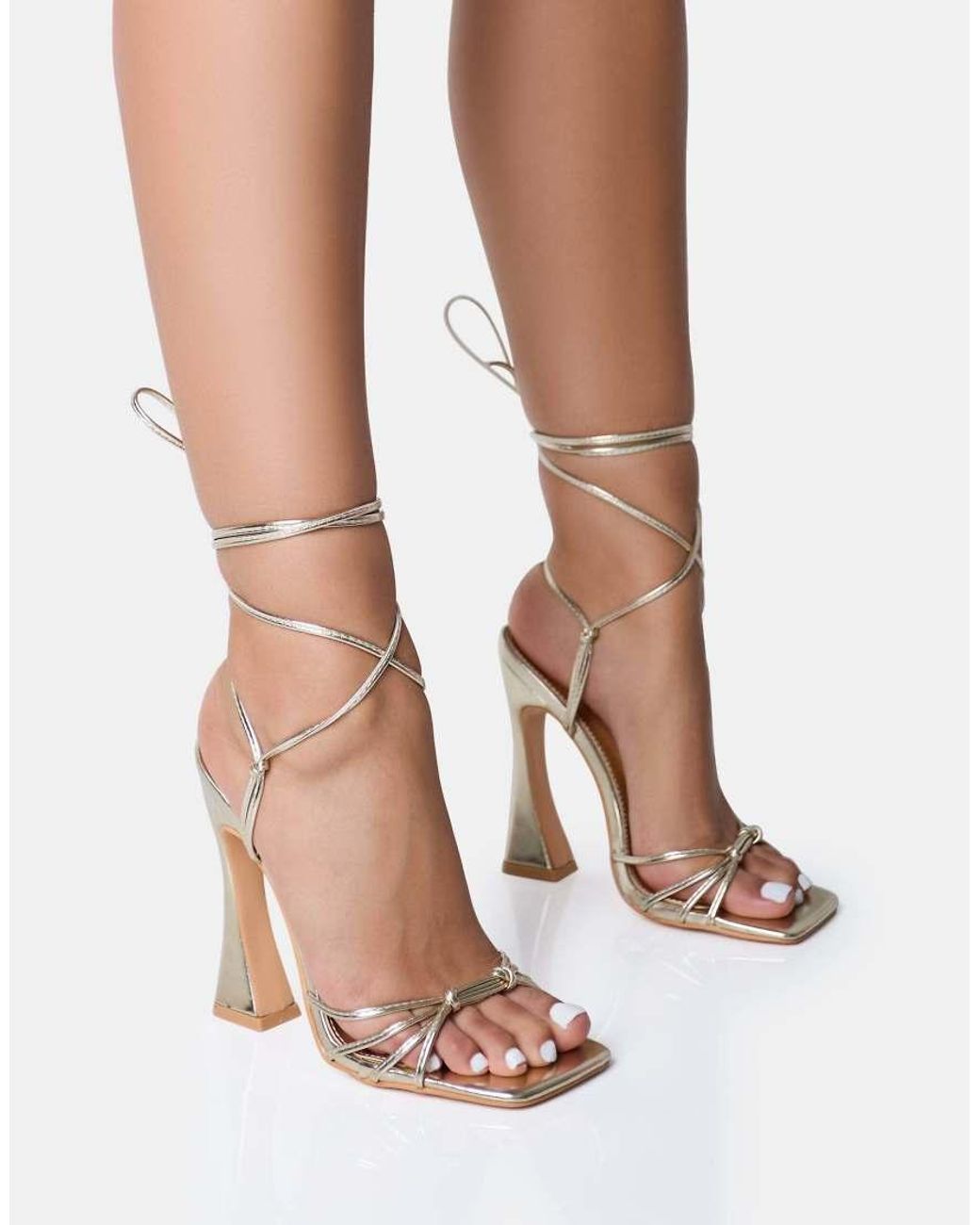 Public Desire Natural Brightside Metallic Gold Strappy Tie Up Square Toe Flared Heels