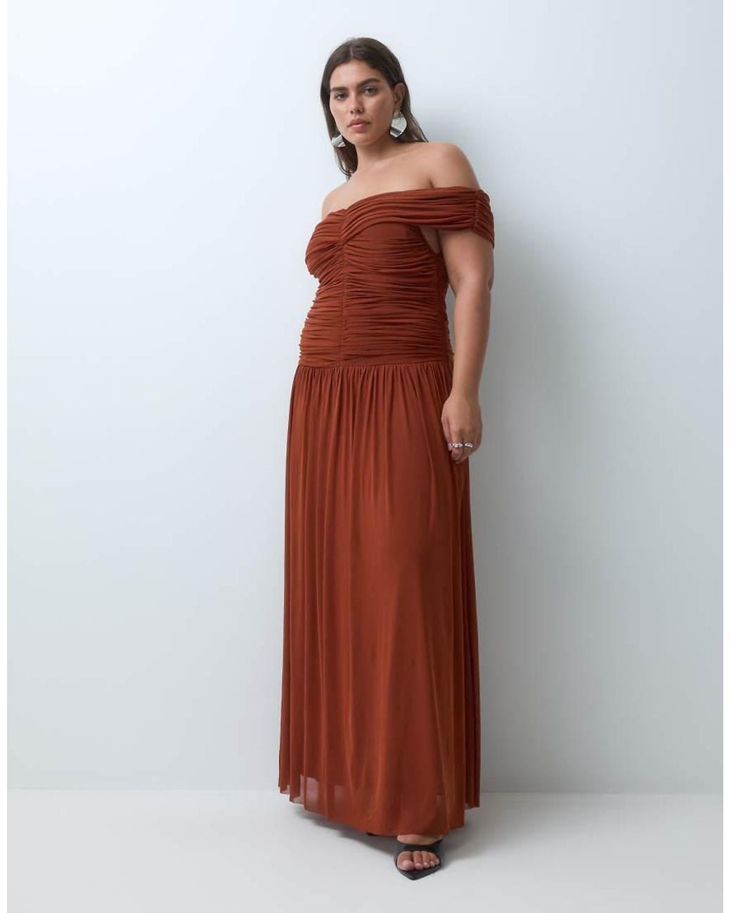 Lace & Beads Plus Brown Mesh Off Shoulder Shirred Drop Waist Maxi Dress