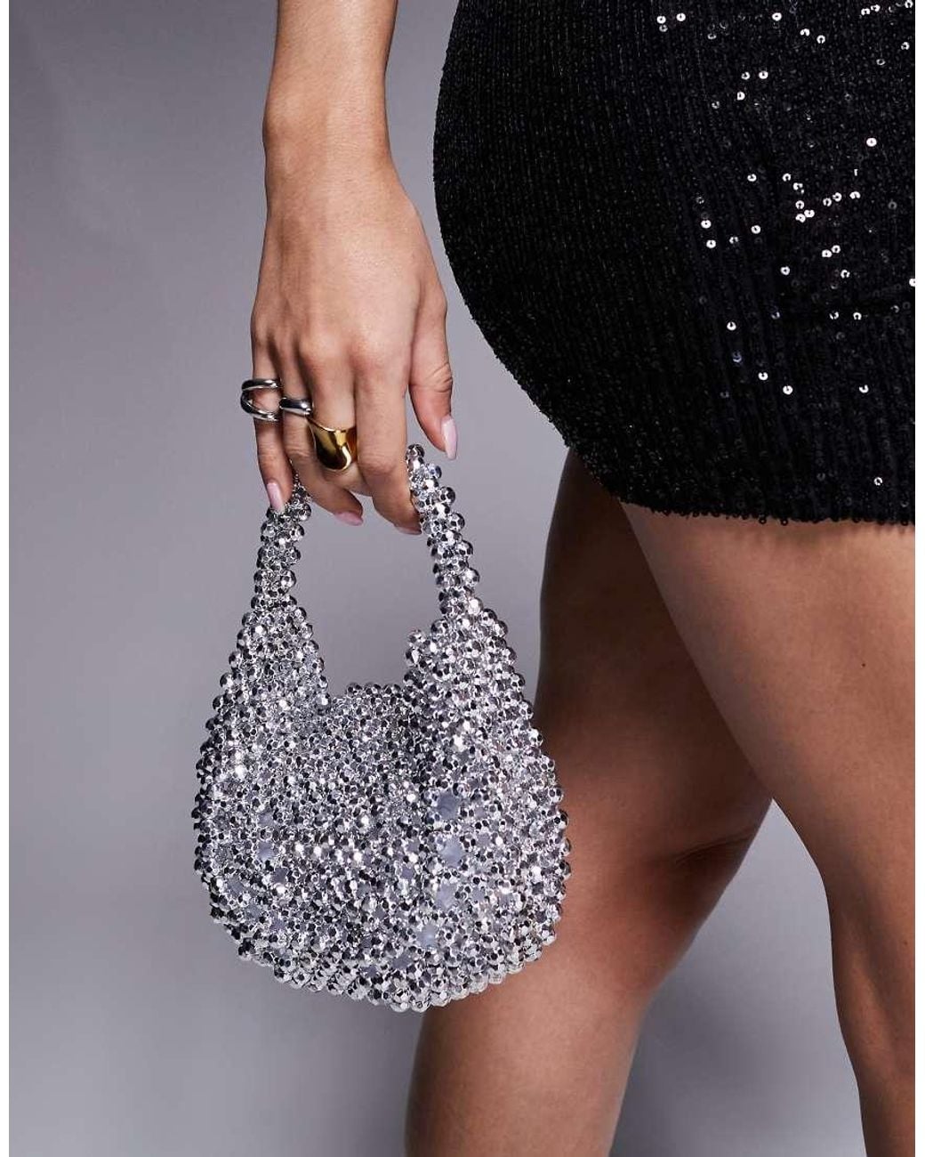 ASOS Gray Metallic Beaded Clutch Purse