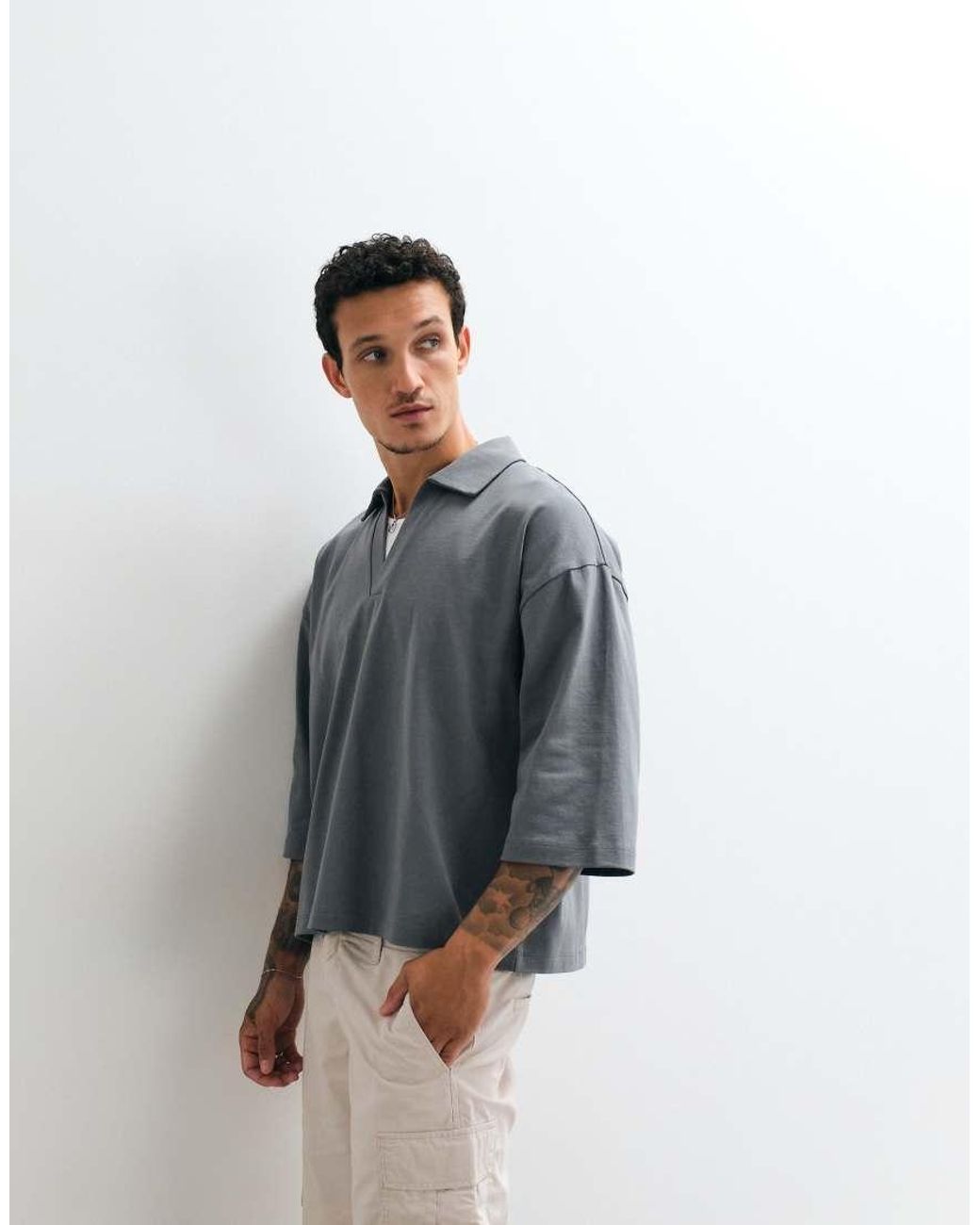 ASOS Gray Heavyweight Boxy Oversized Polo With Half Sleeve for men