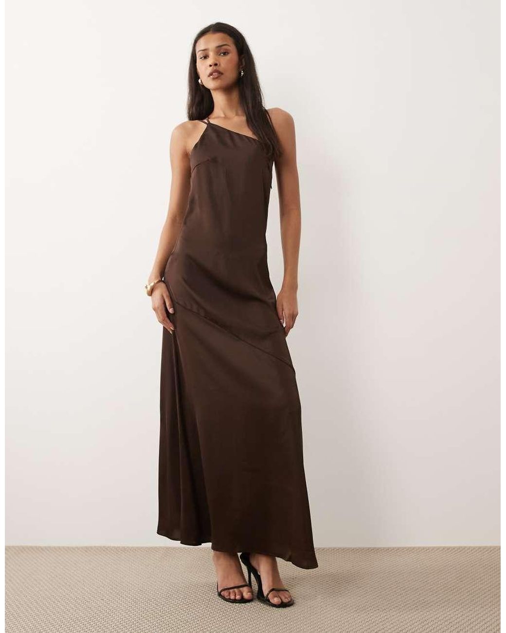Vila Brown One Shoulder Strap Detail Satin Maxi Dress