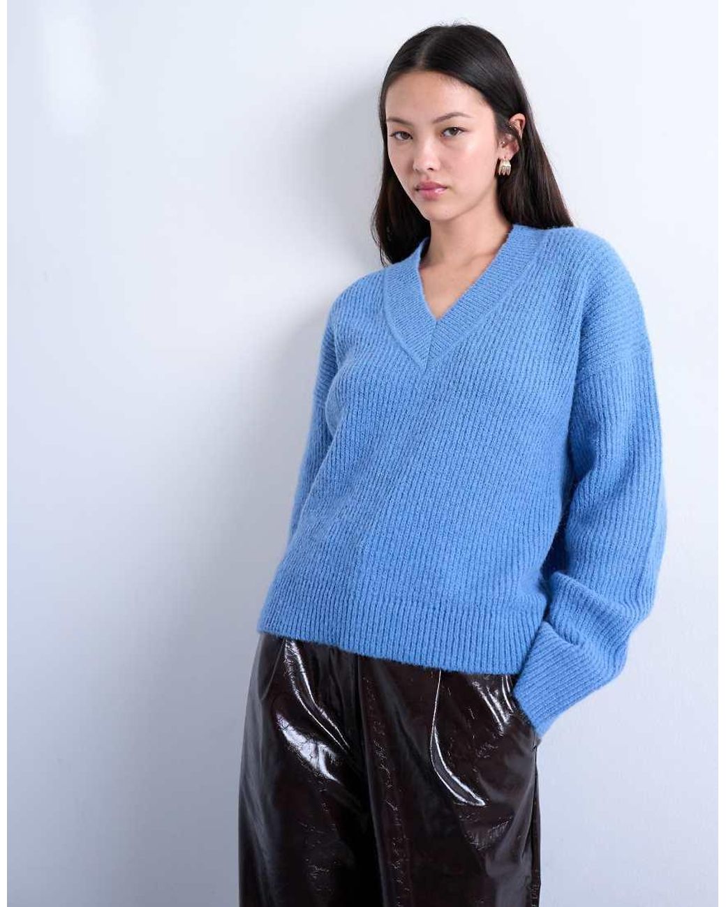 TOPSHOP Blue Knitted V Neck Jumper