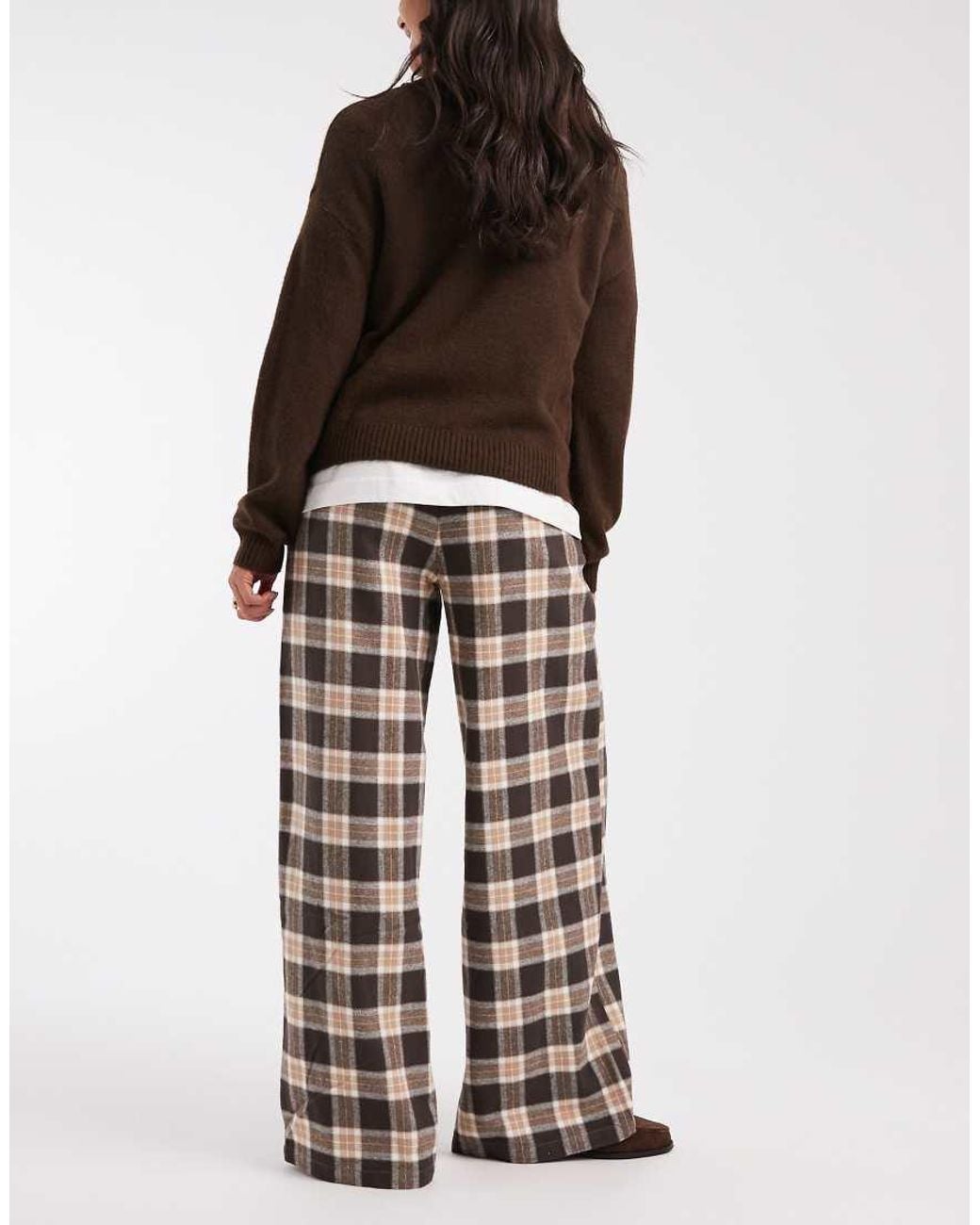 Object Brown Wide Leg Textured Check Trousers
