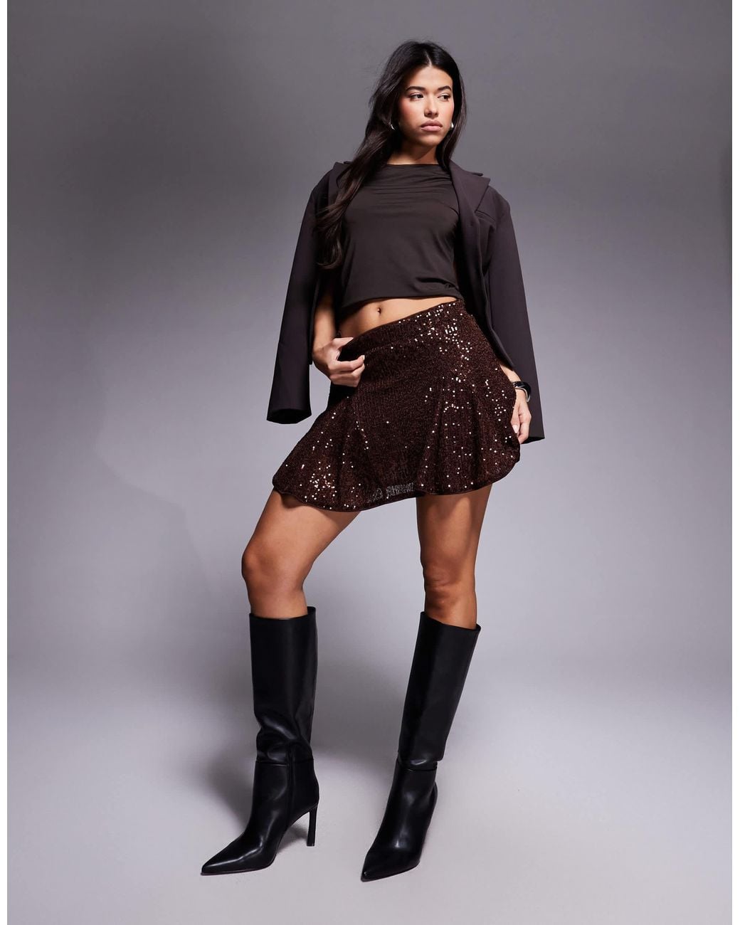 ASOS Brown Allover Sequin Godet Flippy Mini Skirt