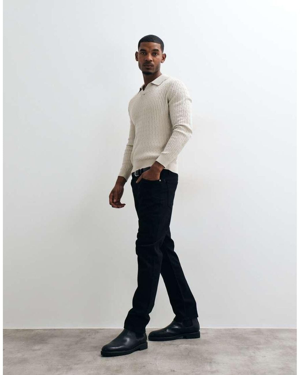 Mango Gray Knitted Revere Collar Sweater for men