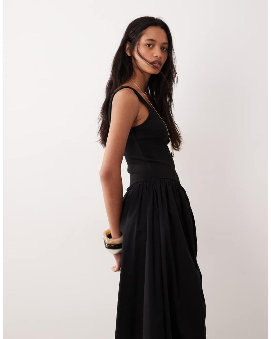 ASOS Black Basque Waist Midi Dress With Woven Skirt