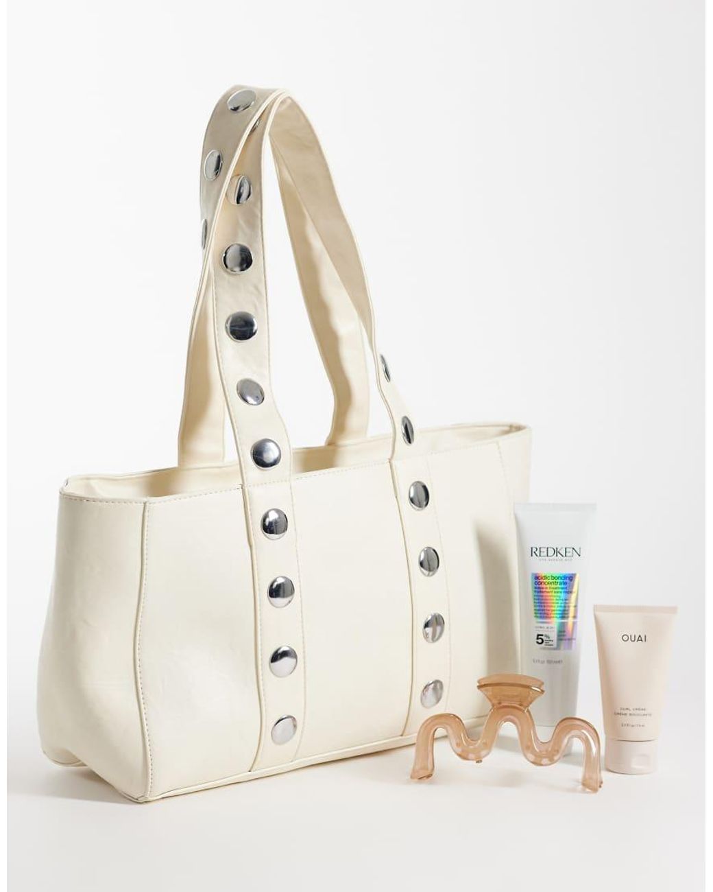 Kaiia Natural Exclusive Faux Leather Silver Studded Tote Bag