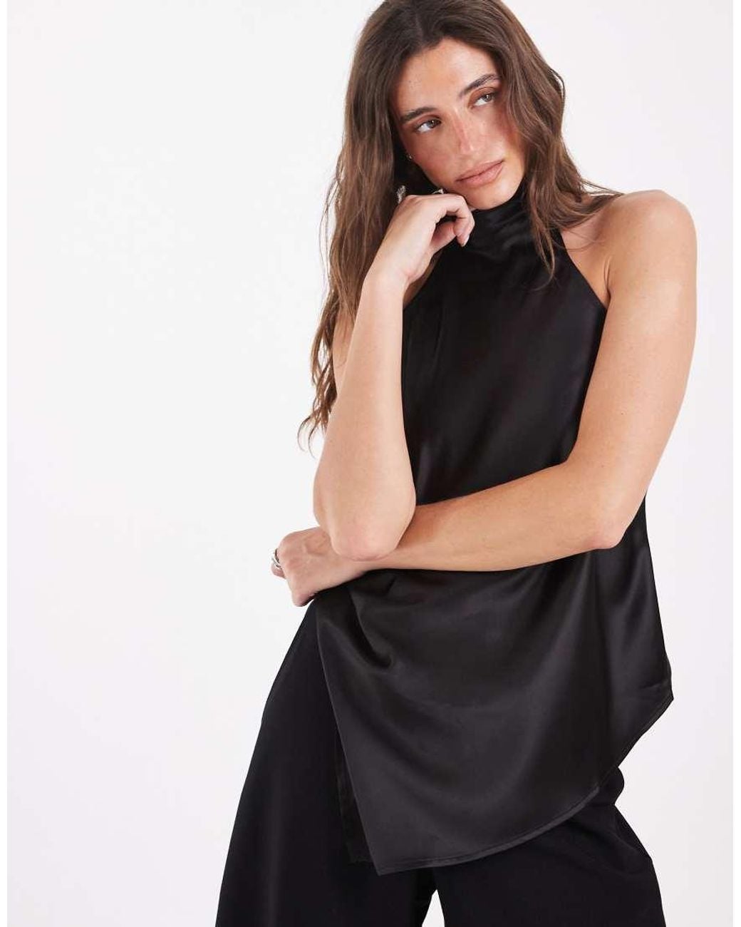 Pieces Black Halter Neck Asymmetric Hem Satin Top Co-ord