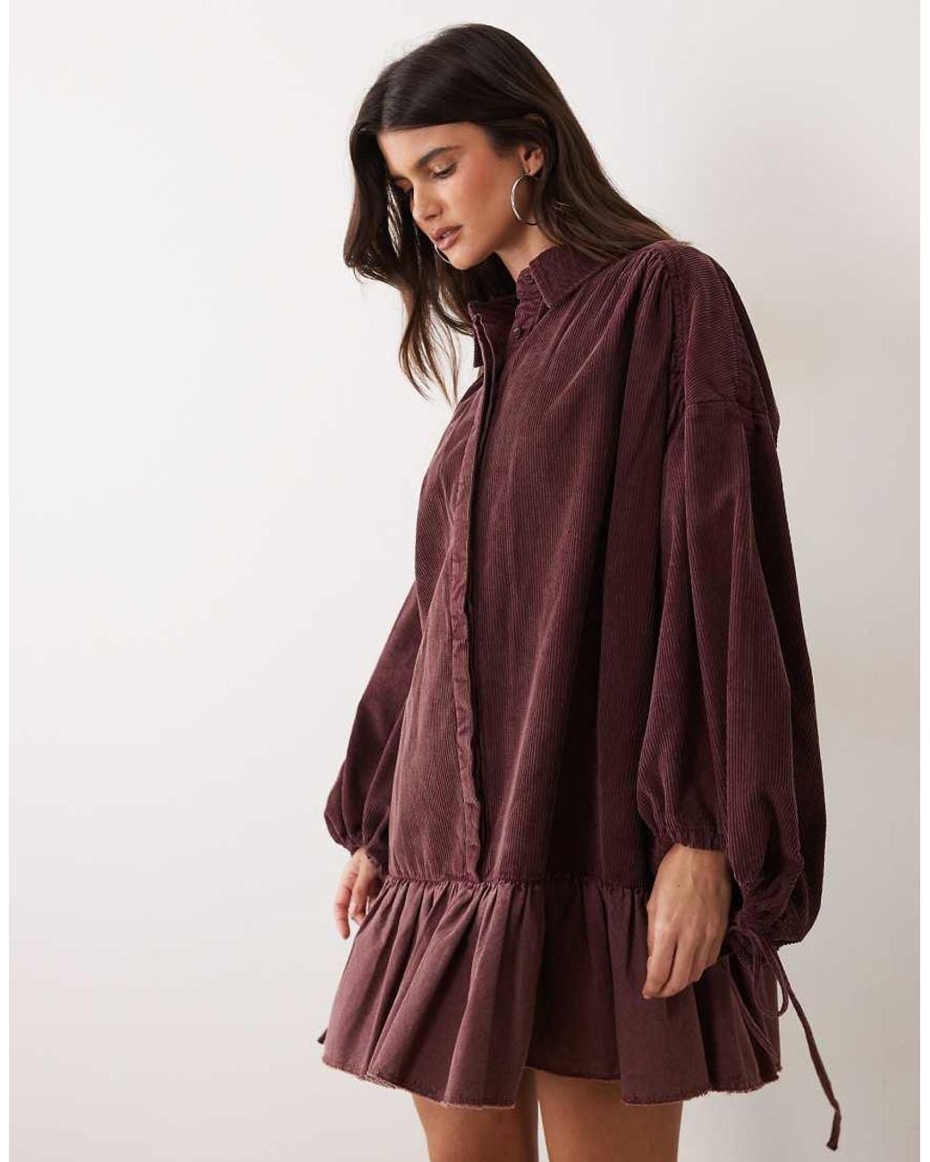 ASOS Red Hybrid Cord Shirt Mini Dress With Balloon Sleeve And Voile Hem