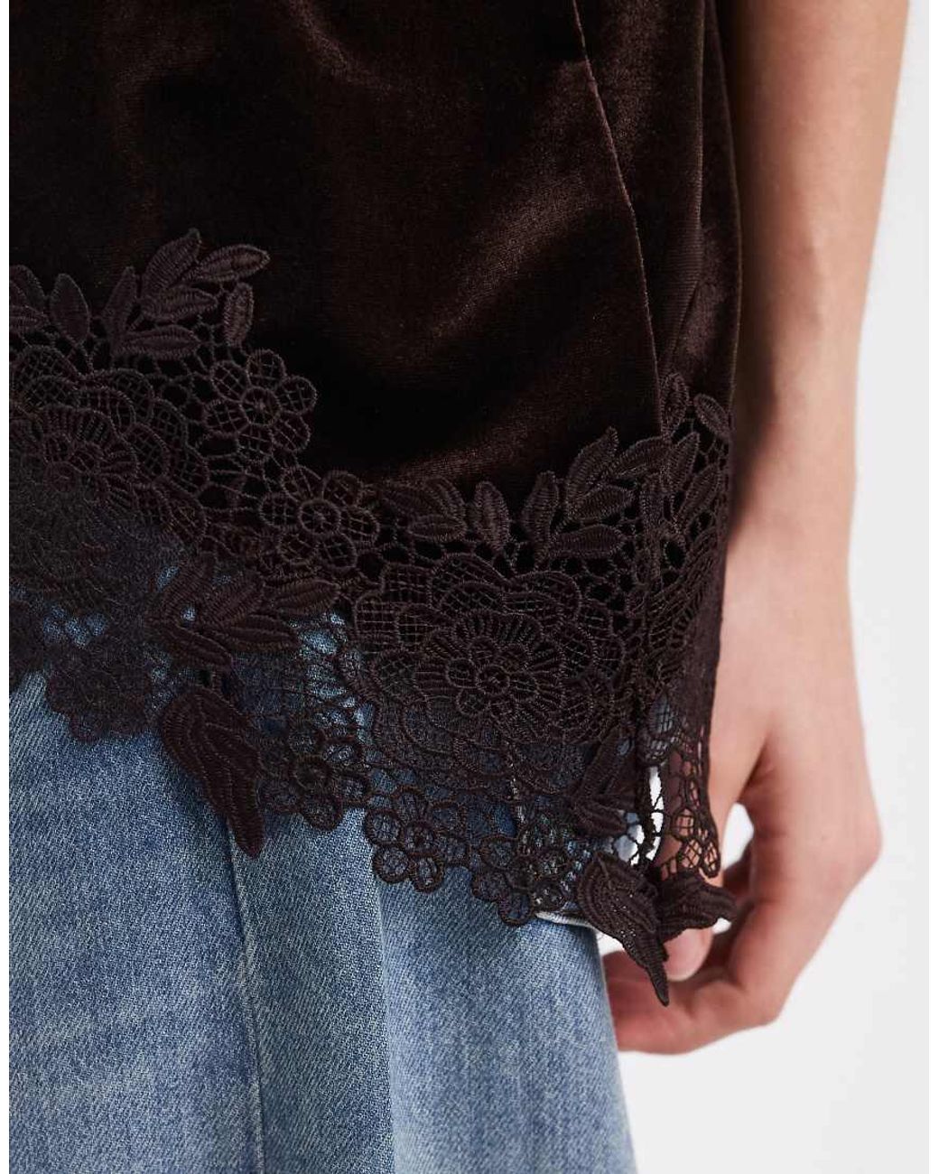 Vero Moda Black Asymm Velvet Cami Top With Lace Detail