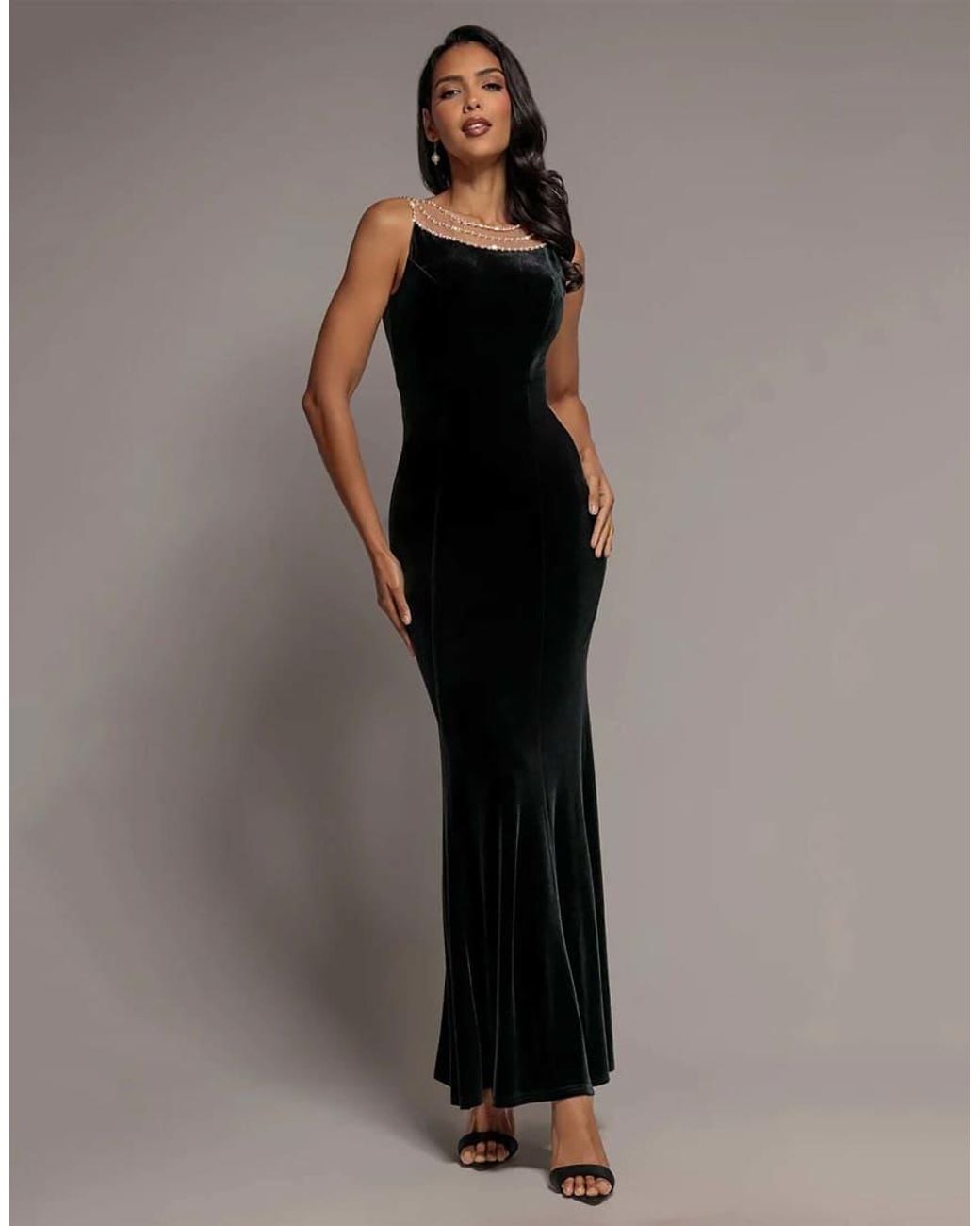 Goddiva Black Pearl Diamante Neck Velvet Maxi Dress