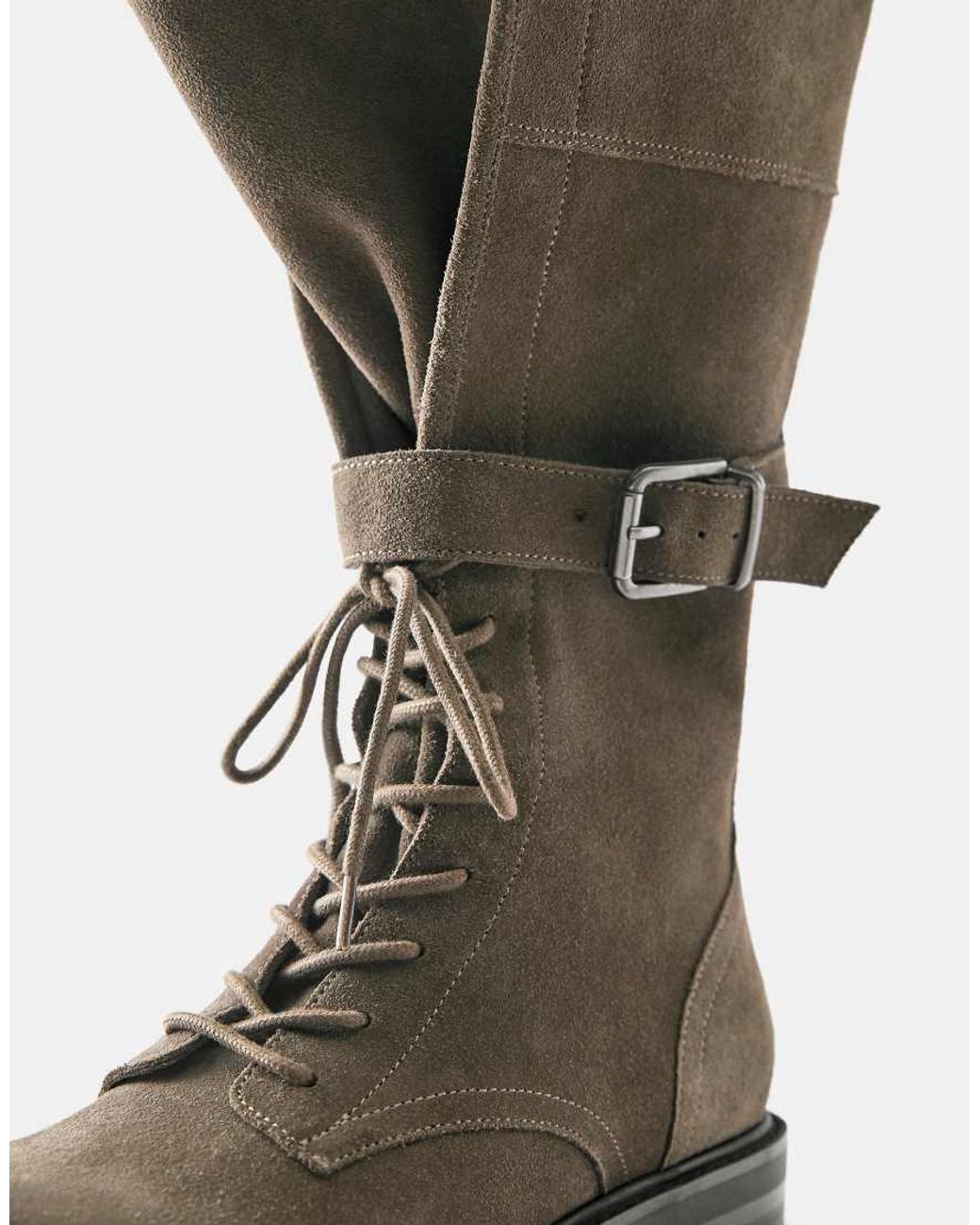 Pull&Bear Green Lace-up Flat Leather Boots