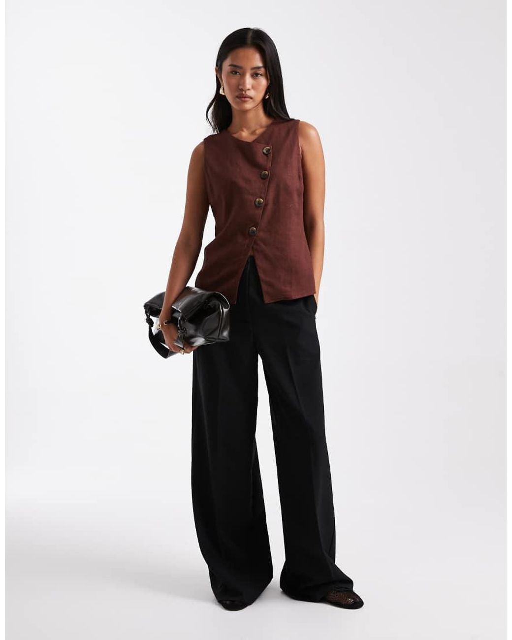 ASOS Brown Linen Look Asymmetric Button Front Waistcoat