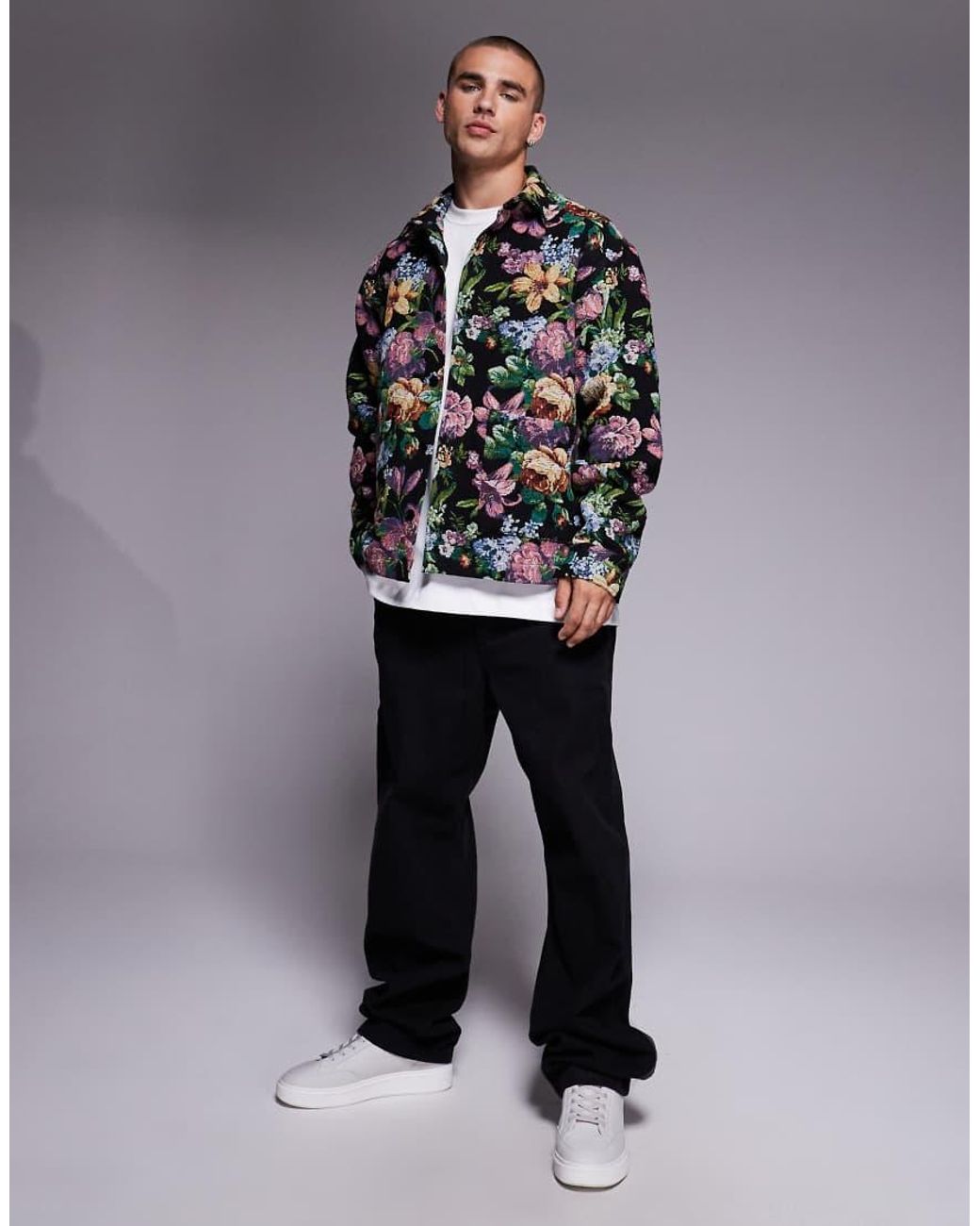 ASOS Gray Boxy Oversized Floral Tapestry Shirt for men