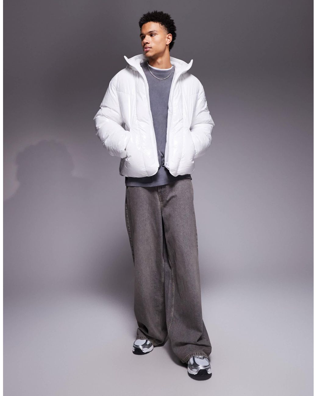 ASOS White High Shine Oversized Puffer Jacket for men