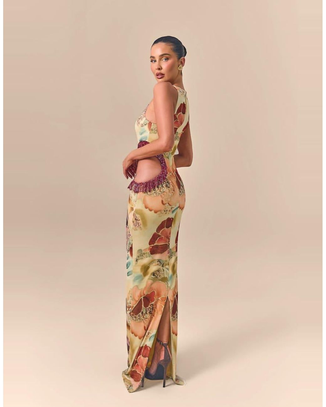 Wanderdoll Brown X Emma Milton Azura Premium Mesh Sculpt Cut Out Embelished Detail Maxi Dress