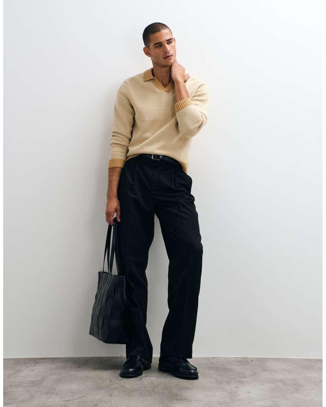 ASOS Natural Relaxed Knitted Notch Neck Long Sleeved Jumper for men