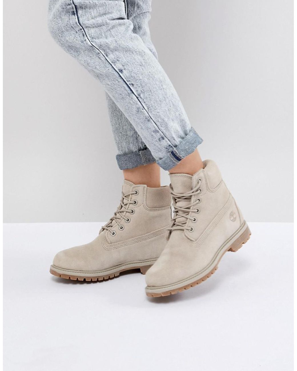Timberland 6 Inch Premium Taupe Suede Flat Boots in Gray | Lyst