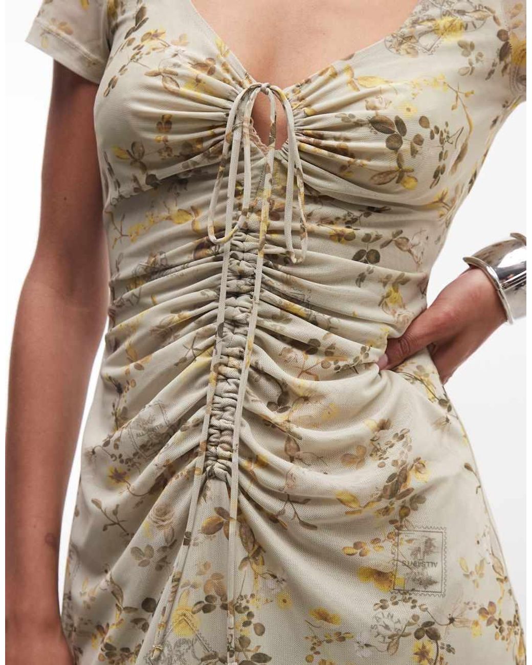AllSaints Natural Gabby Short Sleeve Gathered Floral Mesh Midi Dress