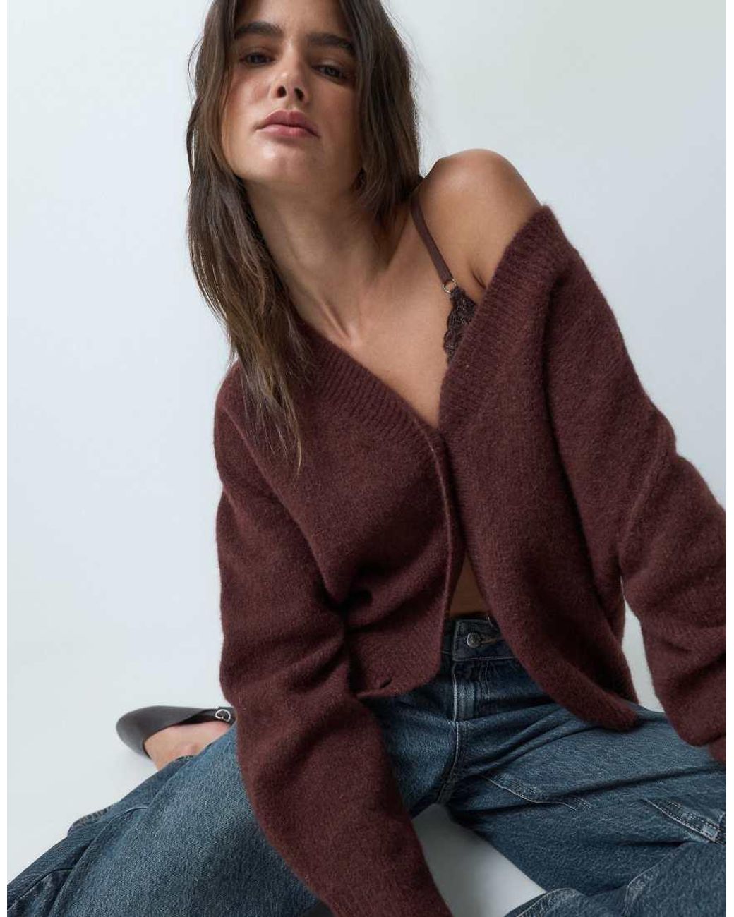 ASOS Brown Relaxed V Neck Cardigan With Wool