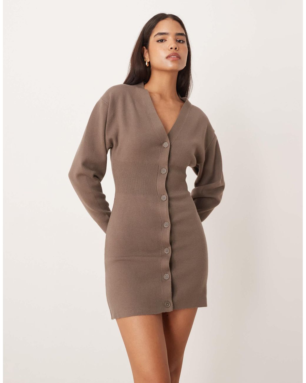 Gina Tricot Long Bell Sleeve V Neck Mini Knitted Button Dress in Brown |  Lyst