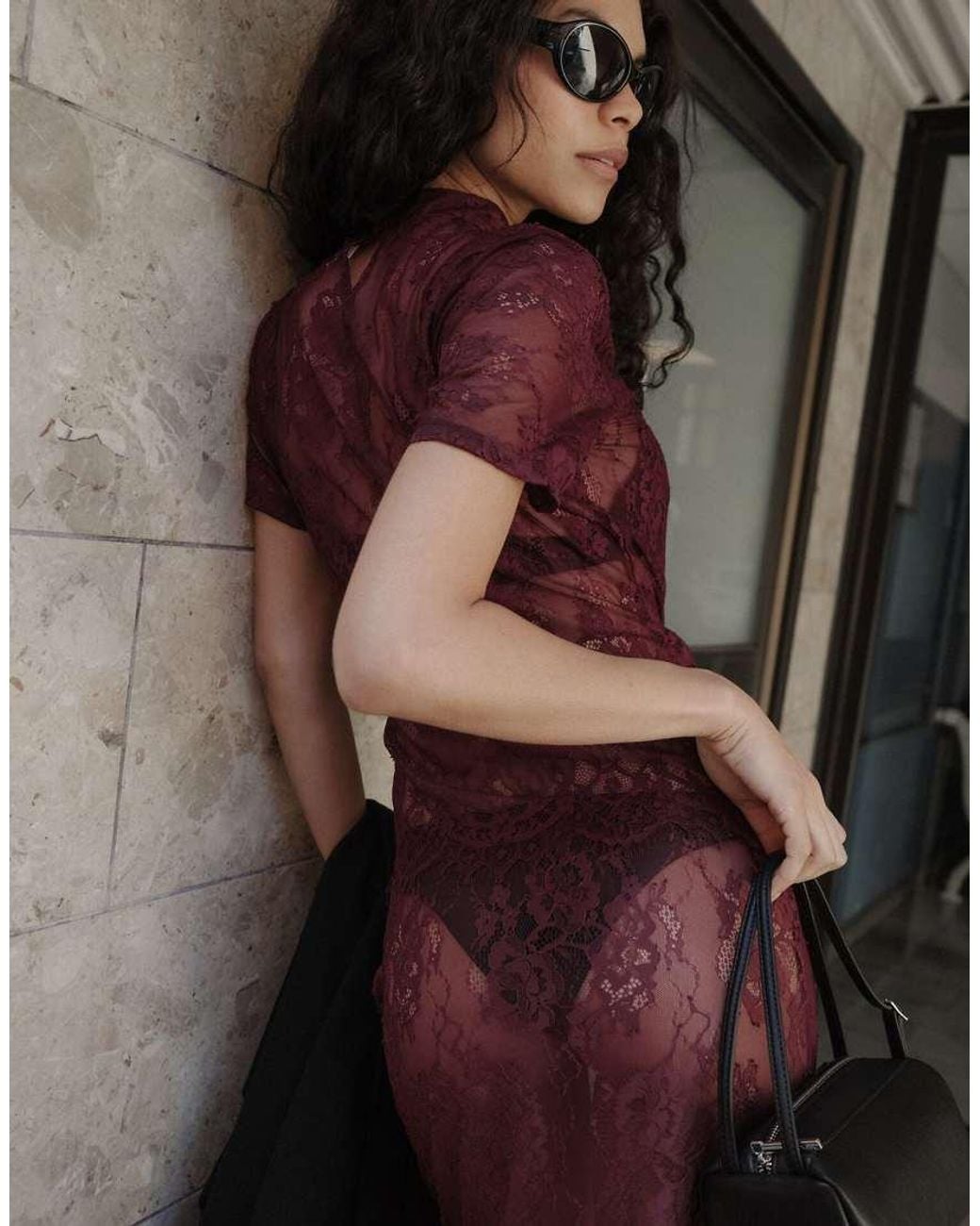 NA-KD Brown Short Sleeve Lace Top