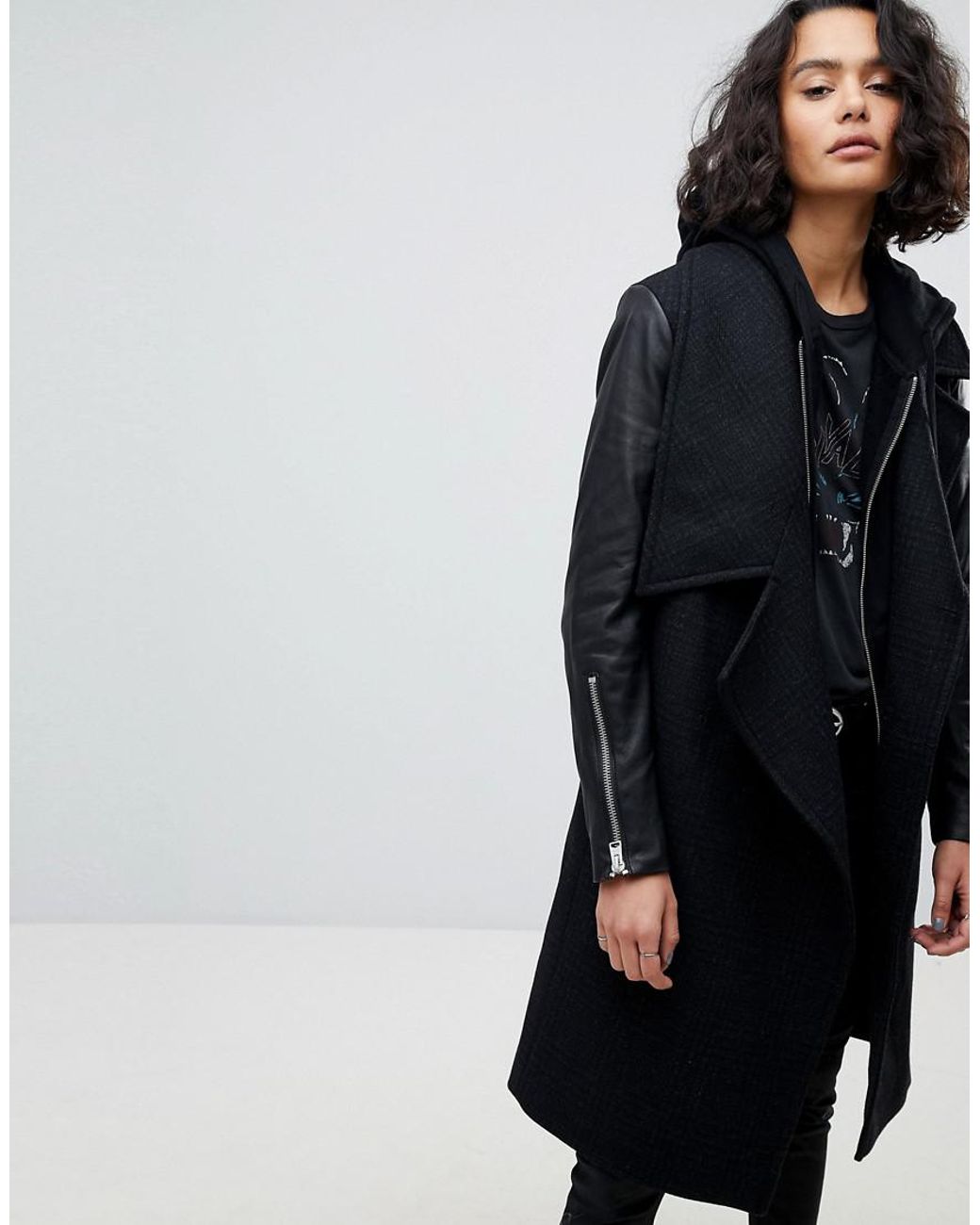 AllSaints Waterfall Coat With Leather Sleeves in Gray | Lyst