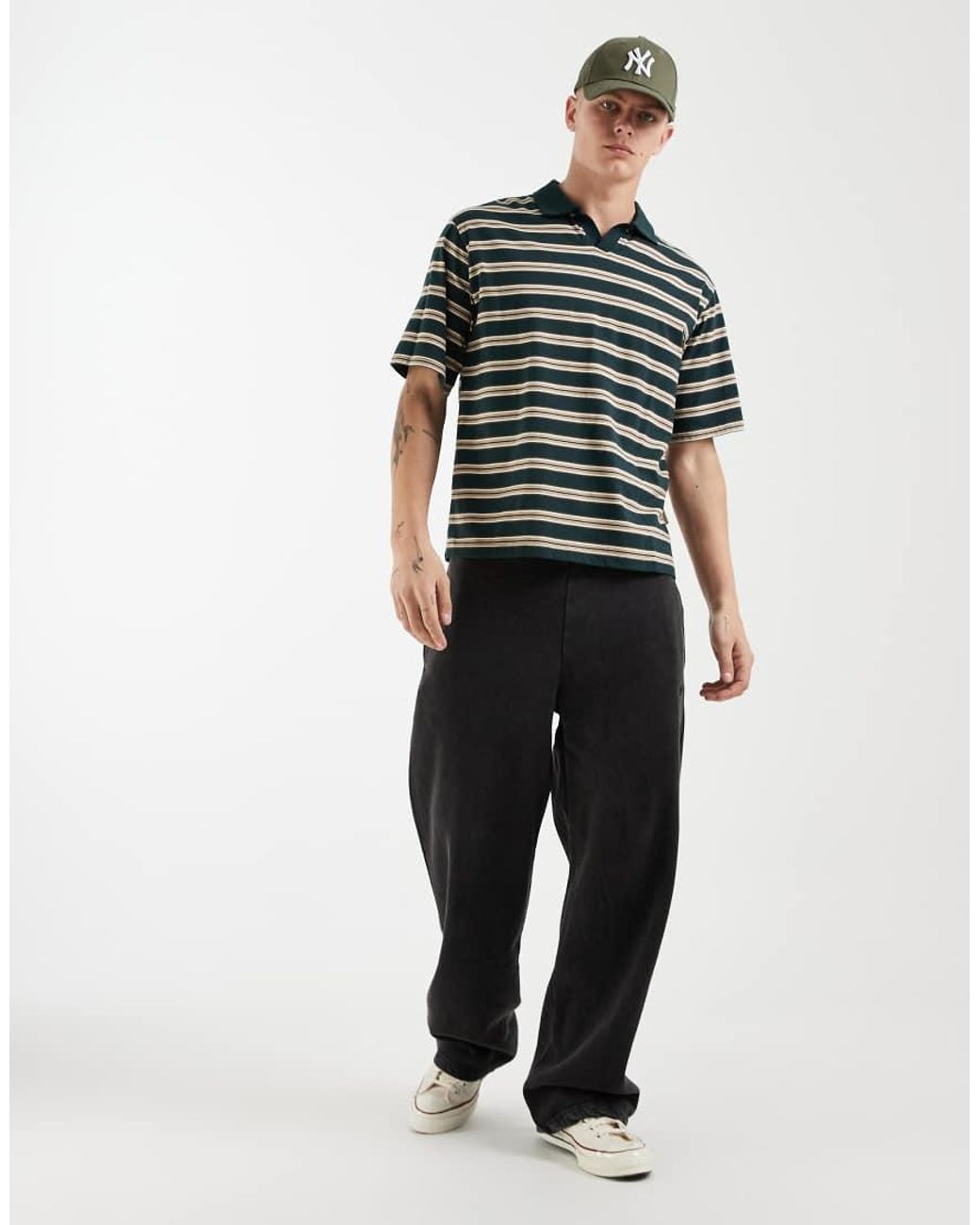 Redefined Rebel Green Boxy Oversized Striped Polo Shirt for men