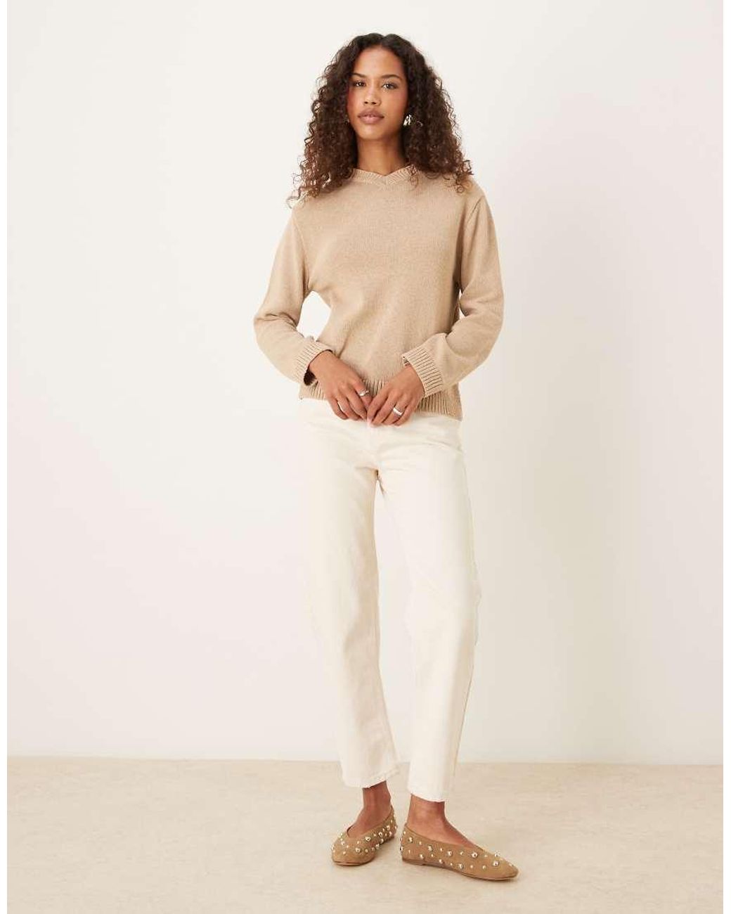 ASOS Natural Knit High V-neck Sweater