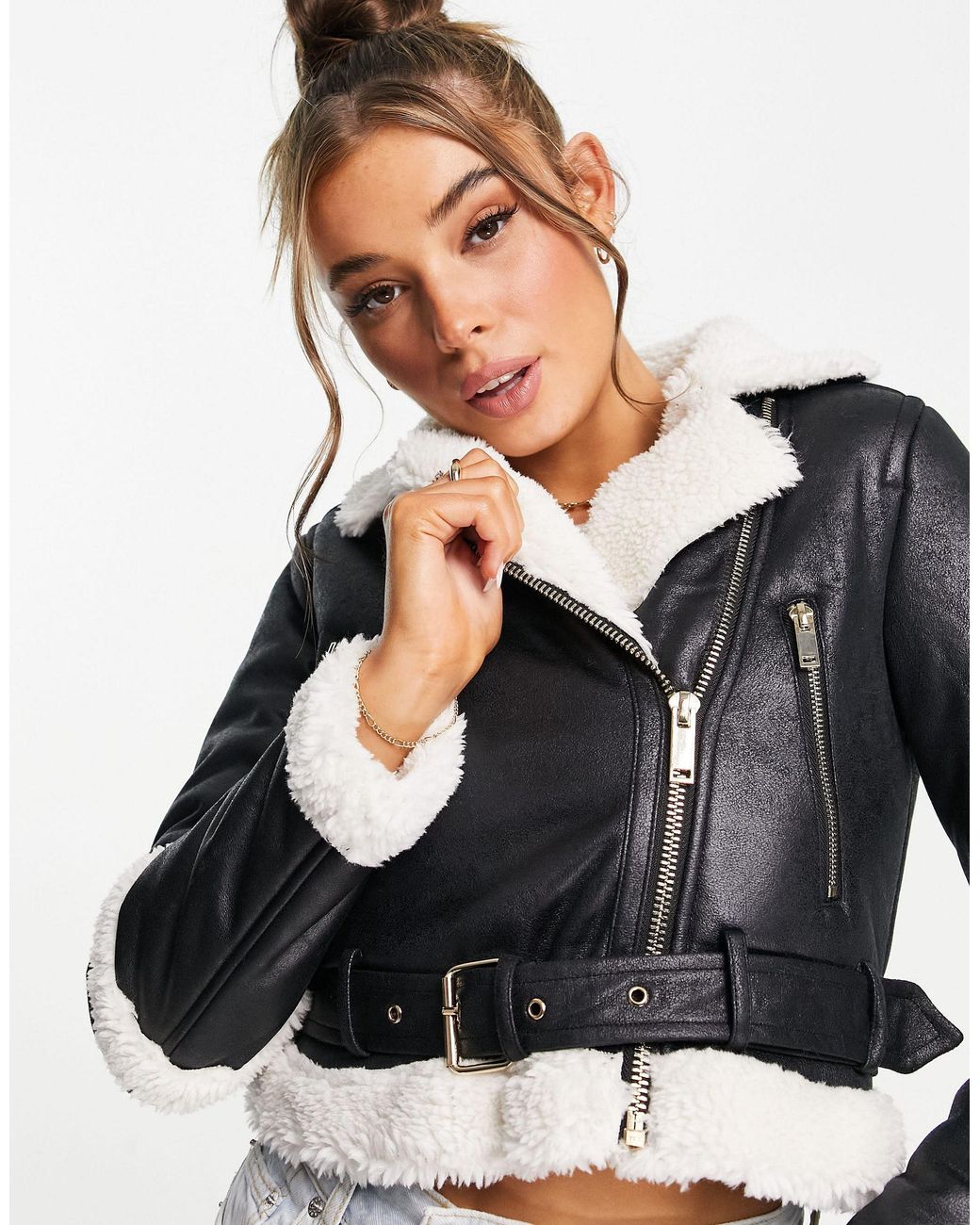 Miss selfridge shearling biker clearance jacket