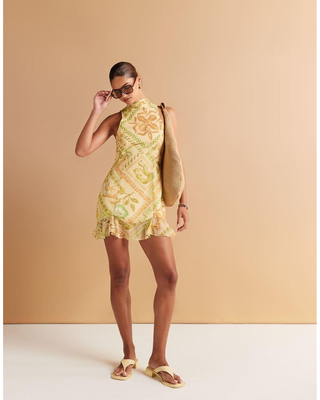 ASOS Natural High Neck Cowl Back Chiffon Mini Dress