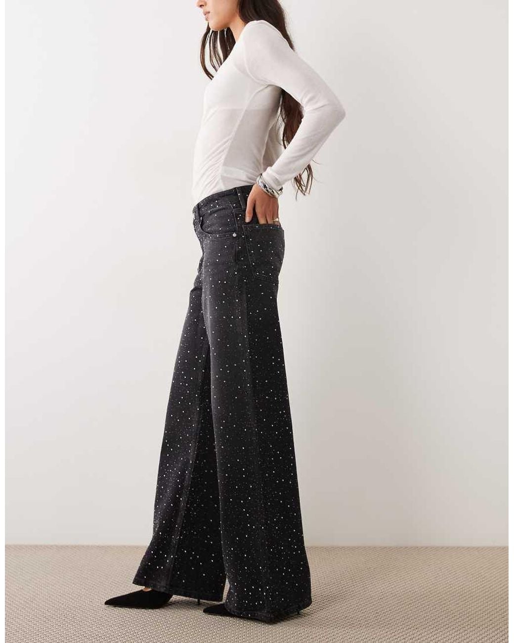 Mango Black Embellished Wide Leg Jean