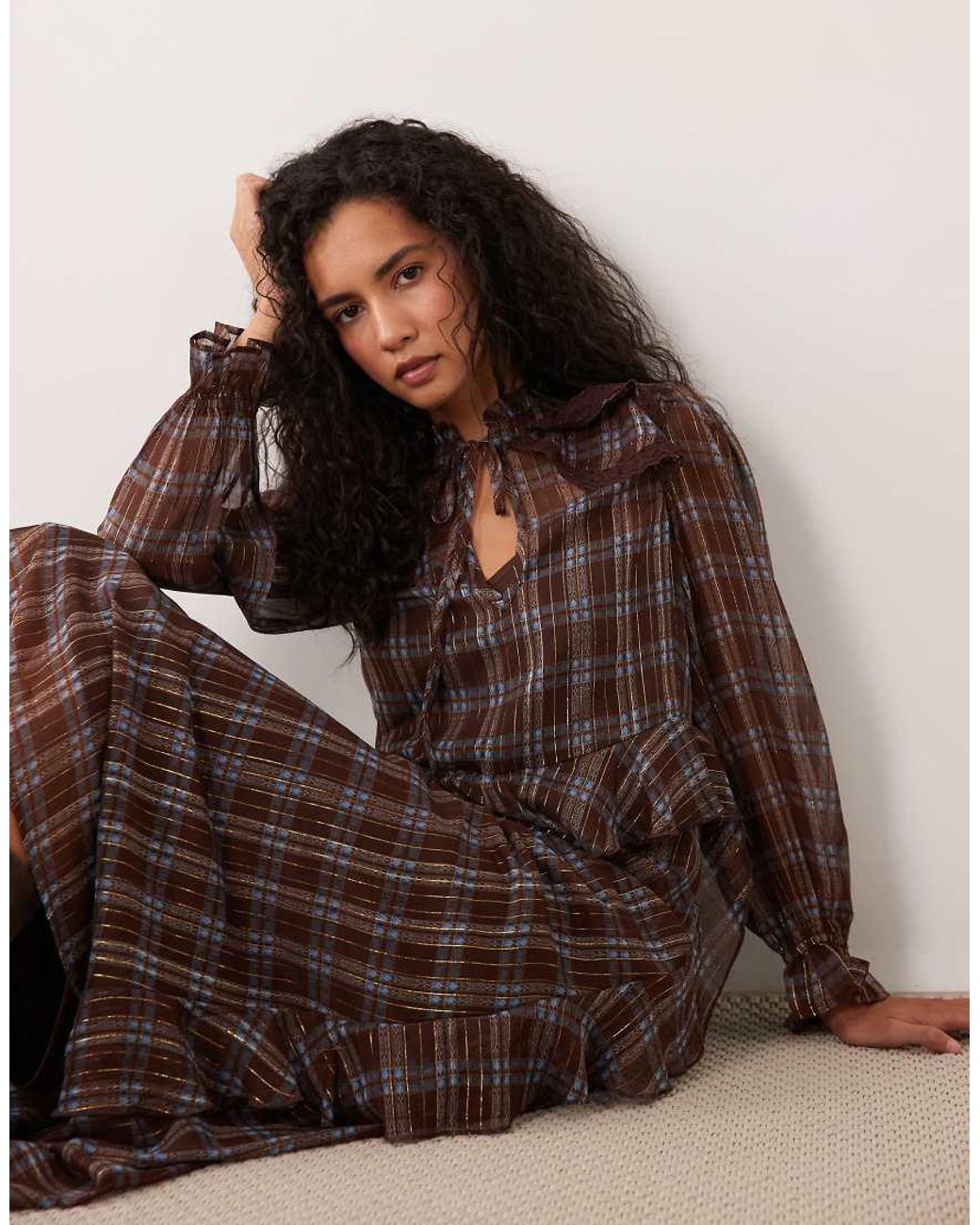 Wednesday's Girl Brown Long Sleeve Ruffle Midaxi Dress With Lace Detail