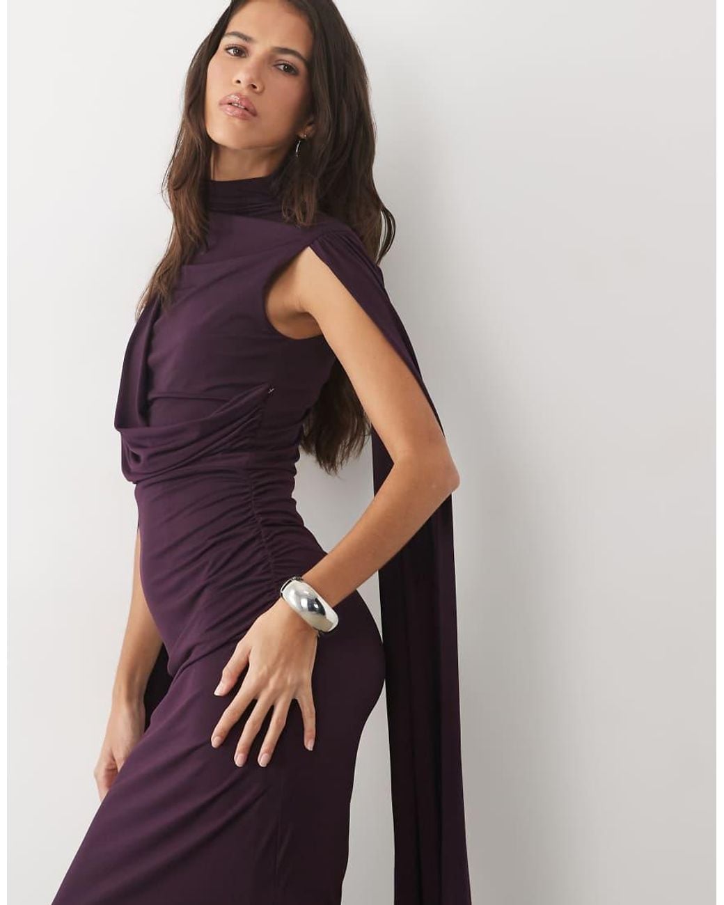 TFNC London Purple Premium Slinky High Neck Drape Detail Cape Sleeve Maxi Dress