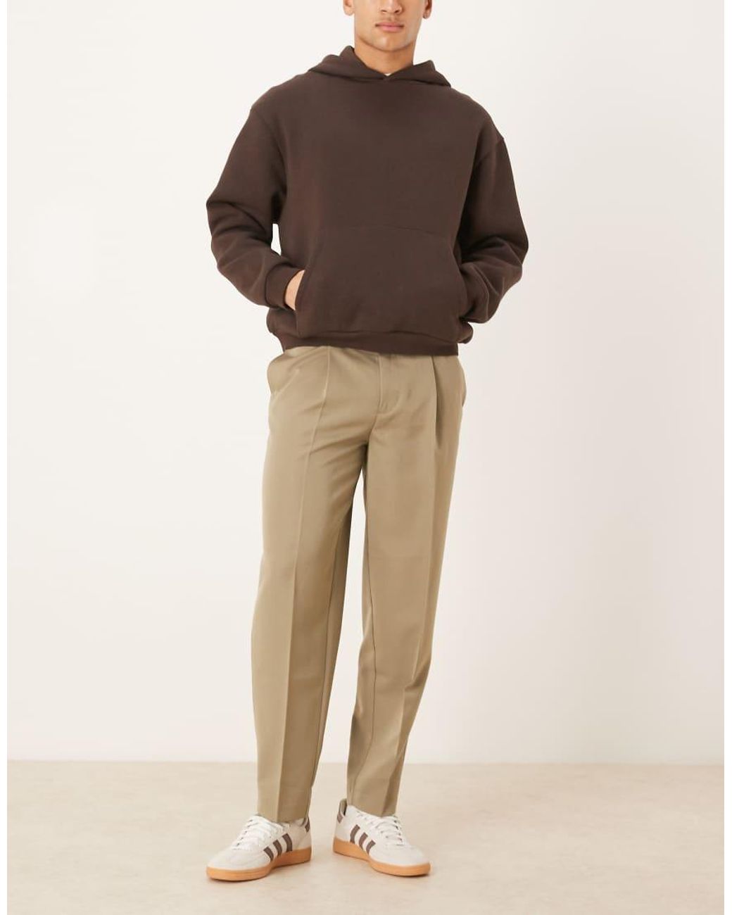 ASOS Natural Tailored Pleated Oversized Tapered Trousers And Exposed Button for men