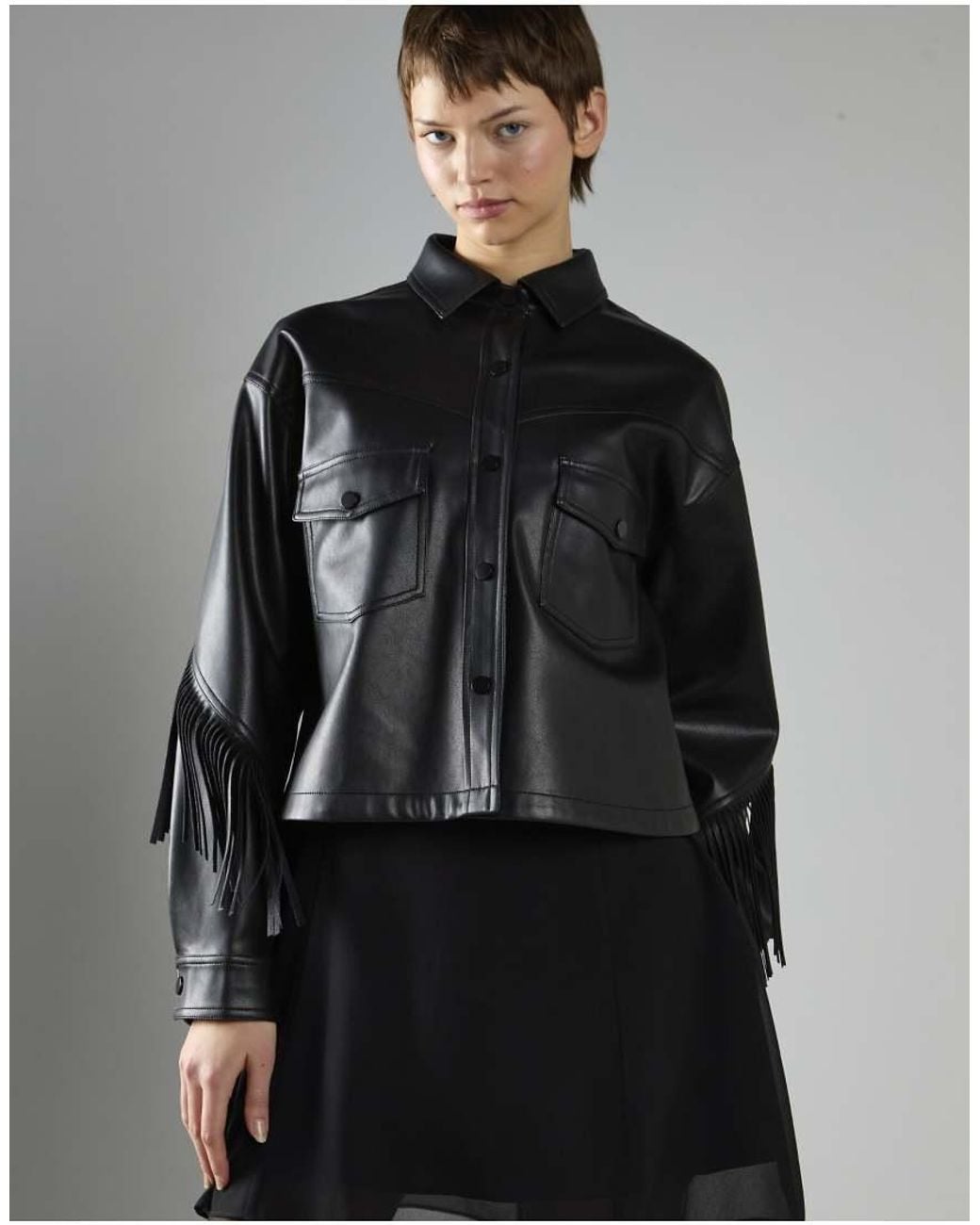 Glamorous Black Asymmetric Fringe Button-Front Jacket