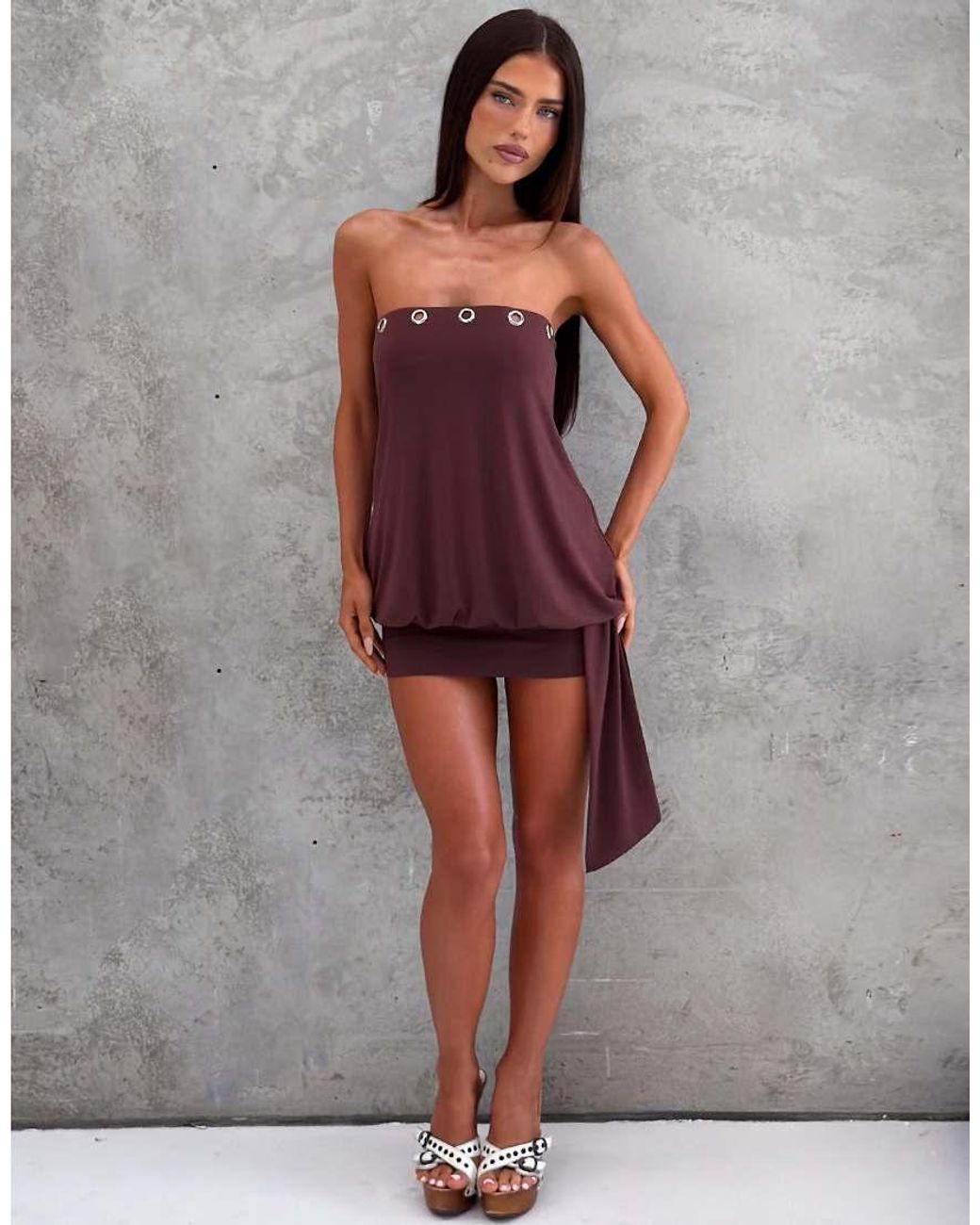 Tiger Mist Purple Ravenna Bandeau Jersey Eyelet Detail Cinched Skirt Drape Detail Mini Dress