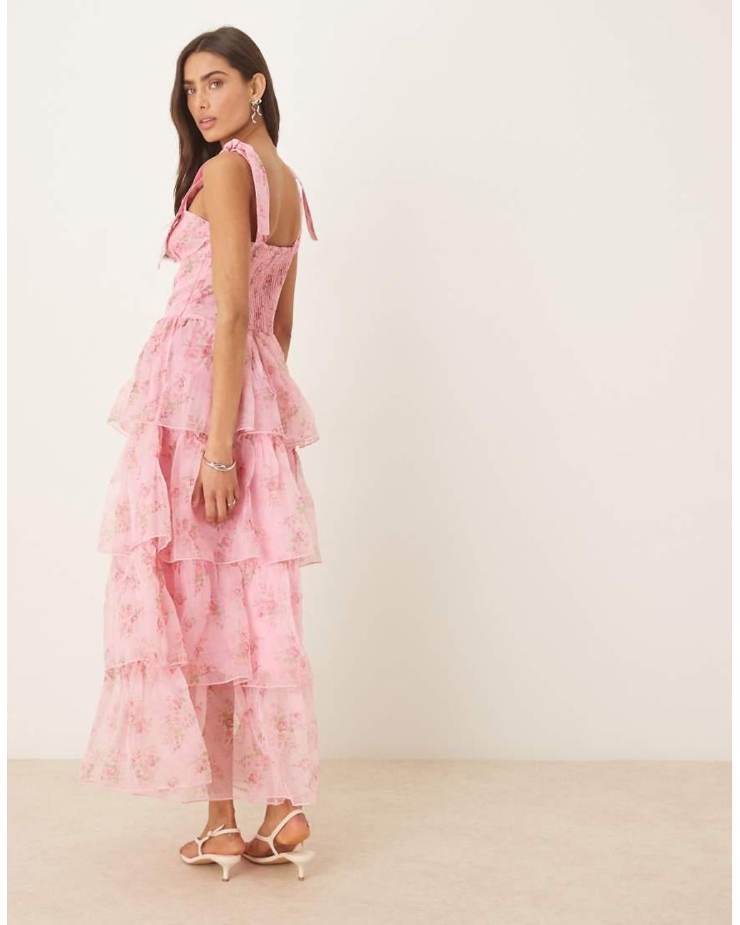 Amy Jane London Pink Florence Tie Shoulder Tiered Maxi Dress