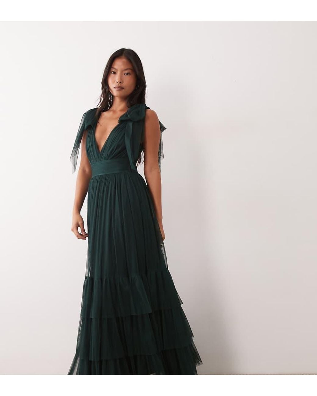 LACE & BEADS Blue Lace & Beads Madison Petite Tulle Bow Shoulder Plunge Neck Maxi Dress