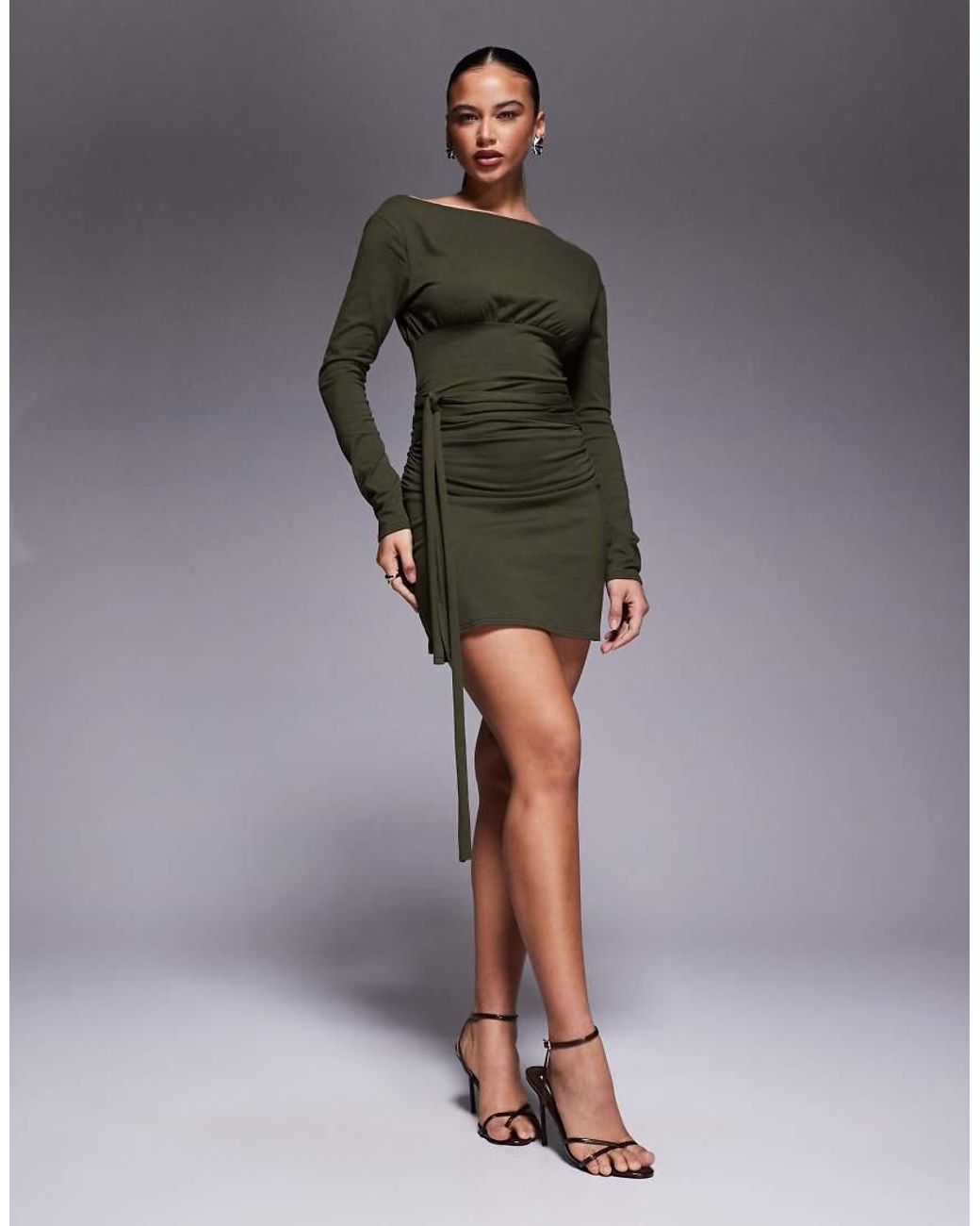 Fashionkilla Gray Exclusive Cotton Rich Off Shoulder Long Sleeve Wrap Waist Detail Mini Dress