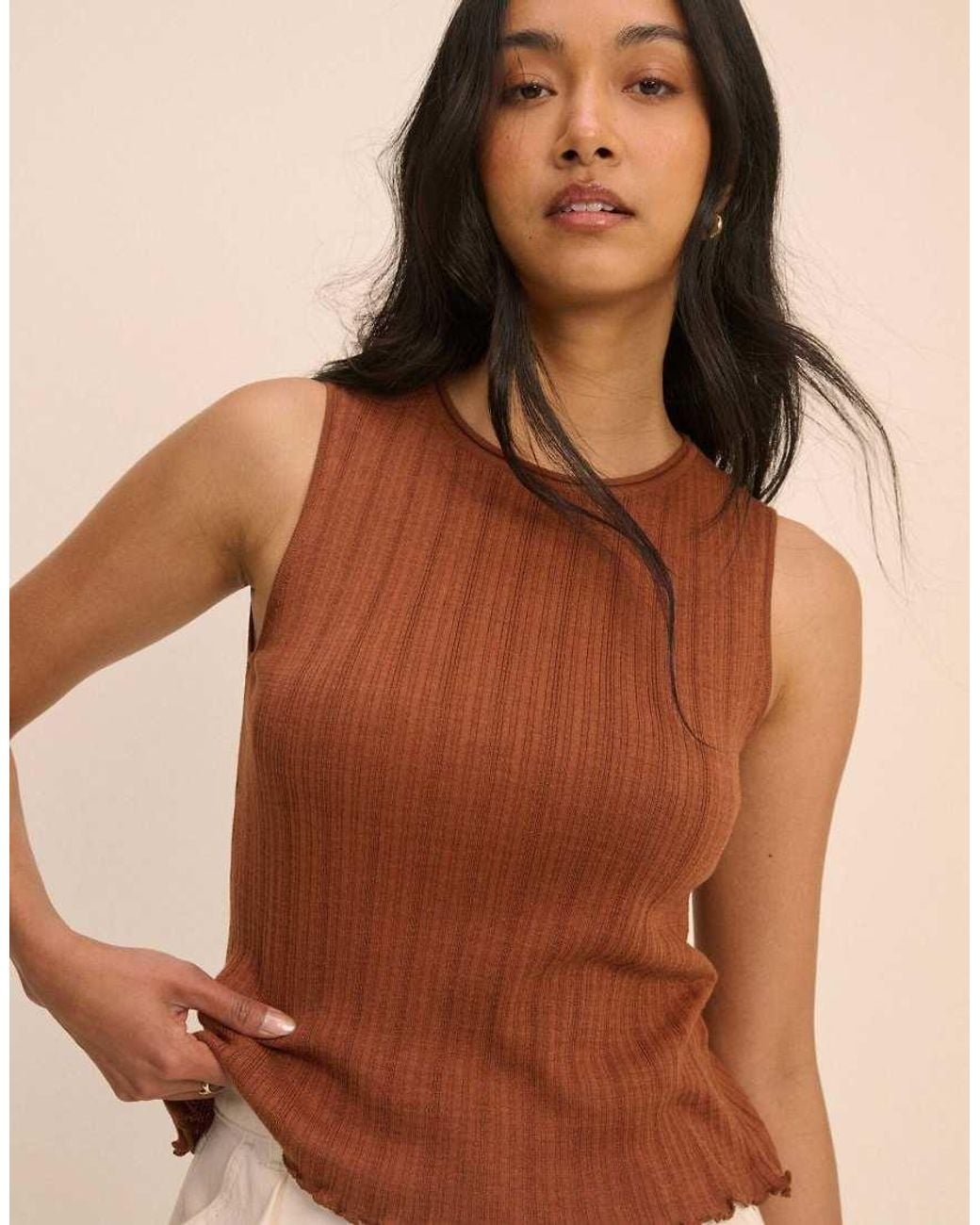 Nobody's Child Brown Rib And Ruffle Sheer Knit Vest