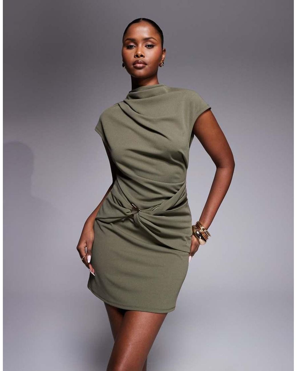 ASOS Green Ruched High Neck Cap Sleeve Mini Dress With Wrap Trim Detail