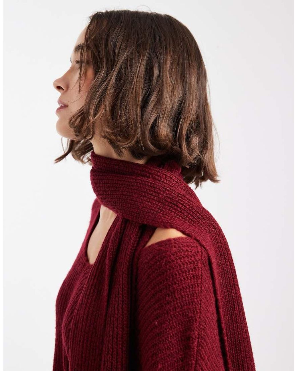 4th & Reckless Red Ribbed Knitted Deep Cuff V Neck Scarf Detail Jumper Co-ord