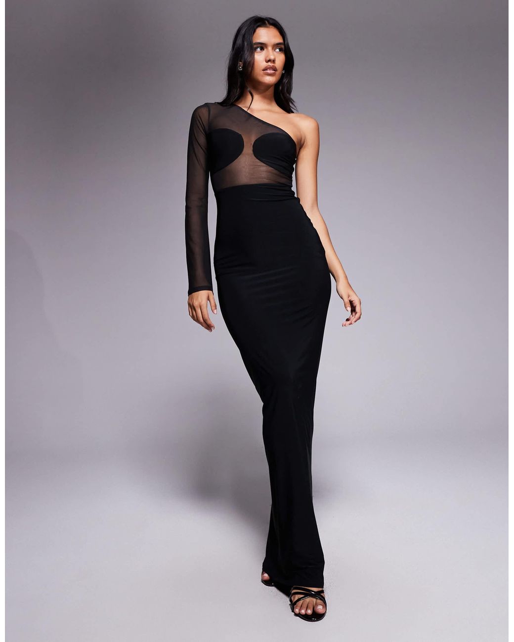 ASOS Mesh Panelled One Shoulder Maxi Dress in Black | Lyst