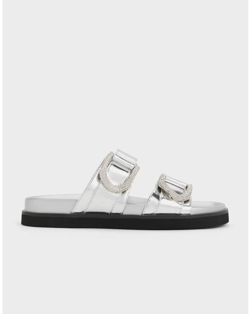 Charles & Keith White Gabine Crystal-Embellished Buckle Metallic Leather Slides