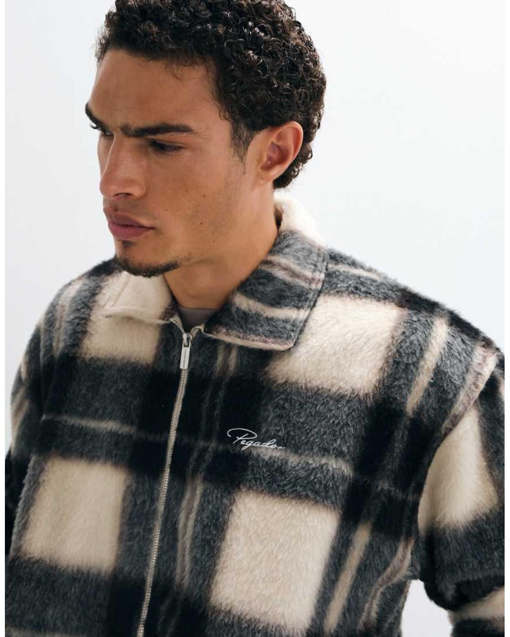 PEGADOR Gray Teros Furry Checked Flannel Overshirt for men